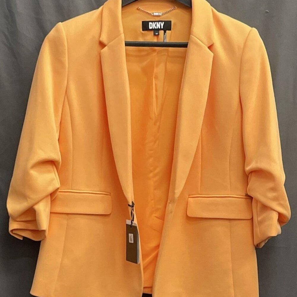 DKNY Women's One Button Blazer Cantaloupe Ruched Sleeve NWT Sz 14P